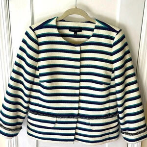 Talbots Striped Cotton Blend Textured Jacket Peplum Back Women’s 8 Cream Preppy